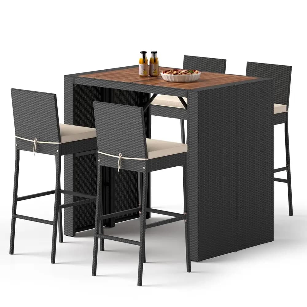 5Piece Outdoor Bar Set Wicker Rattan Bar Height Dining Table w Acacia Wood Top amp 4 Bar Stools Chairs w Seat Cushions, Backres
