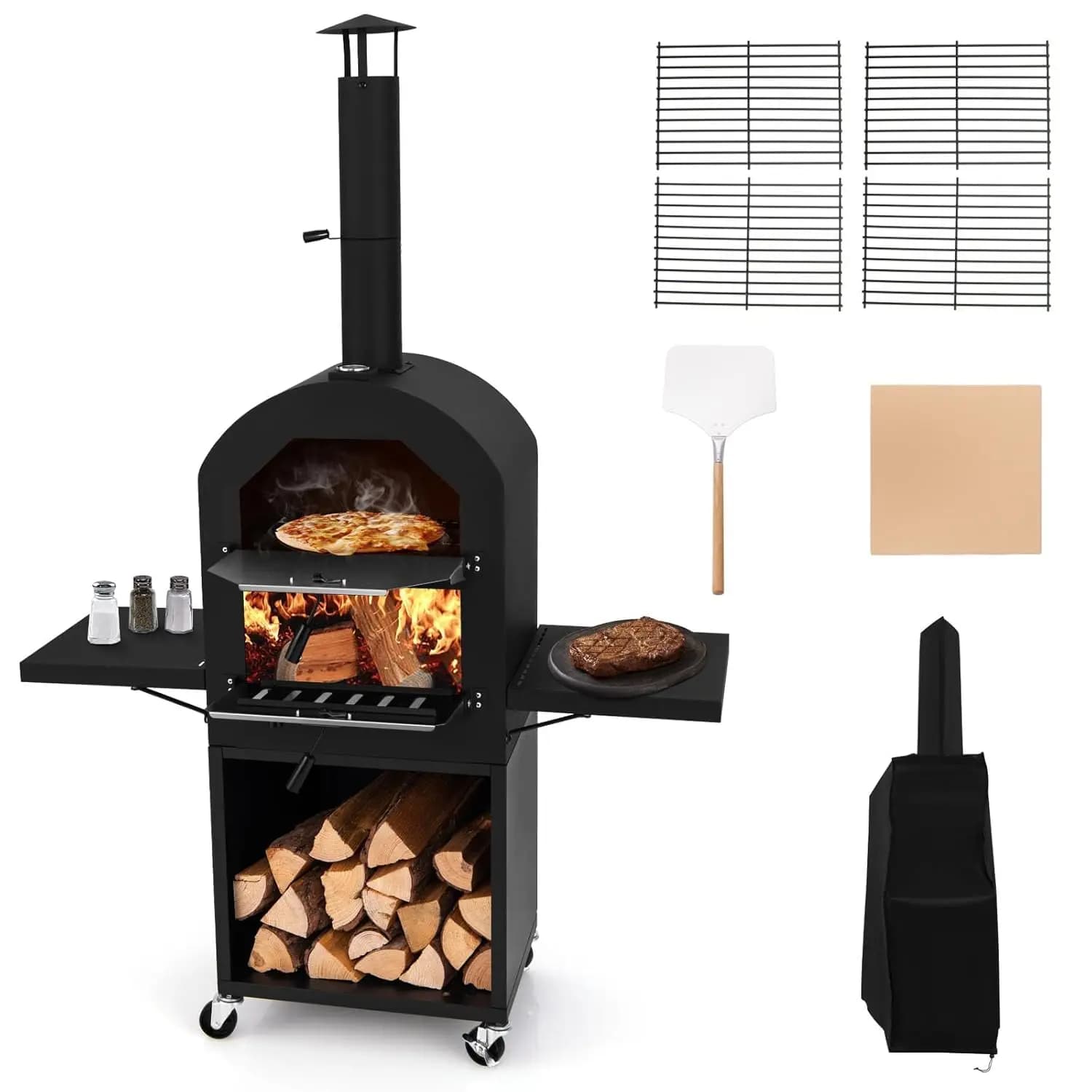 Forno per pizza a legna da esterno con vano porta legna, ripiani laterali, forno per pizza da patio con pietra refrattaria e pala, 2 zone di cottura, personalizzabile