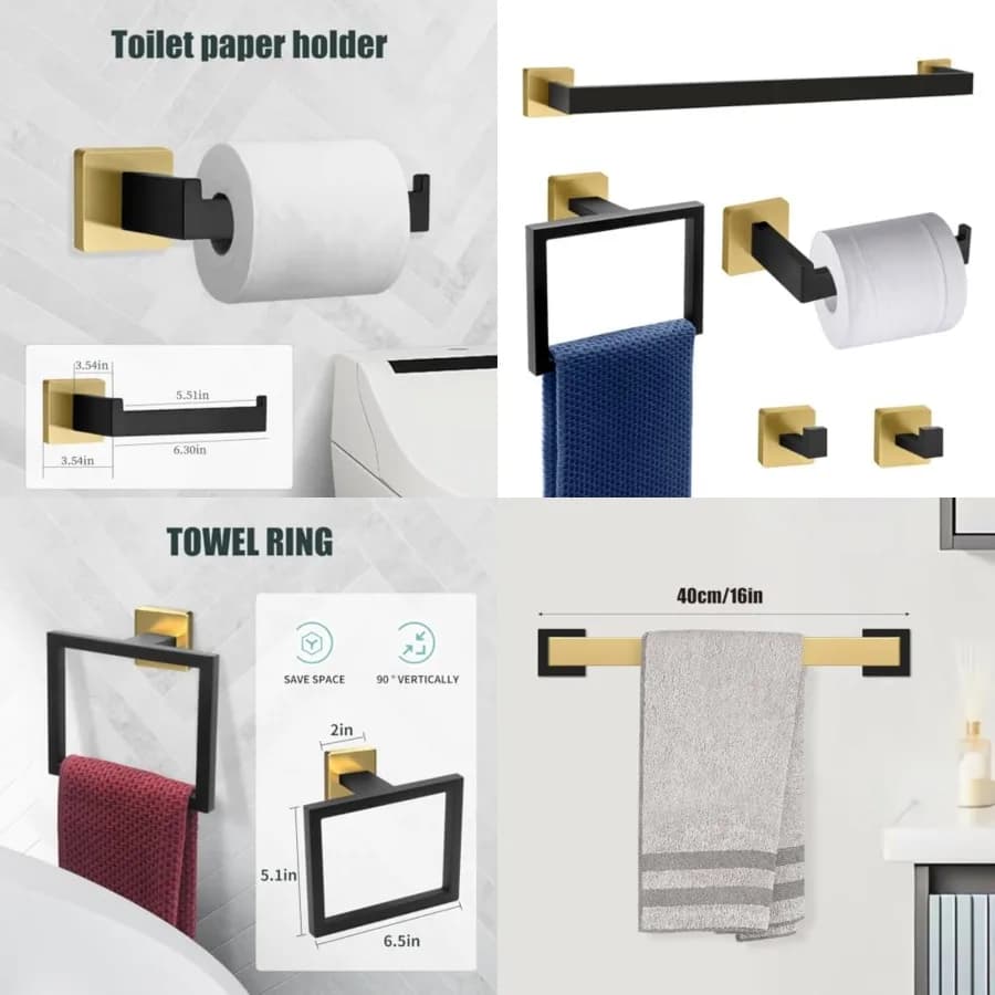 Set di 5 Portasciugamani - Accessori da Bagno con 2 Ganci per Asciugamani, Set Portasciugamani da Parete in Acciaio Inox - Design Quadrato