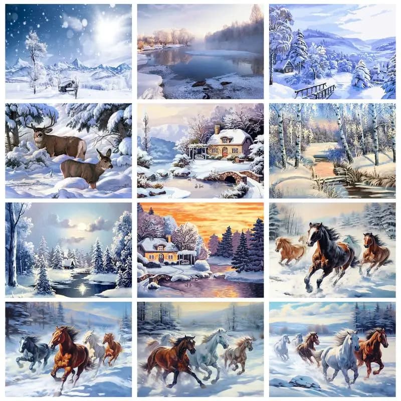 RUOPOTY Cornice Immagine invernale Cavallo da corsa Pittura fai da te con i numeri per Starter Kit Paesaggio Artigianato fai da te Kit per adulti per la casa dicembre