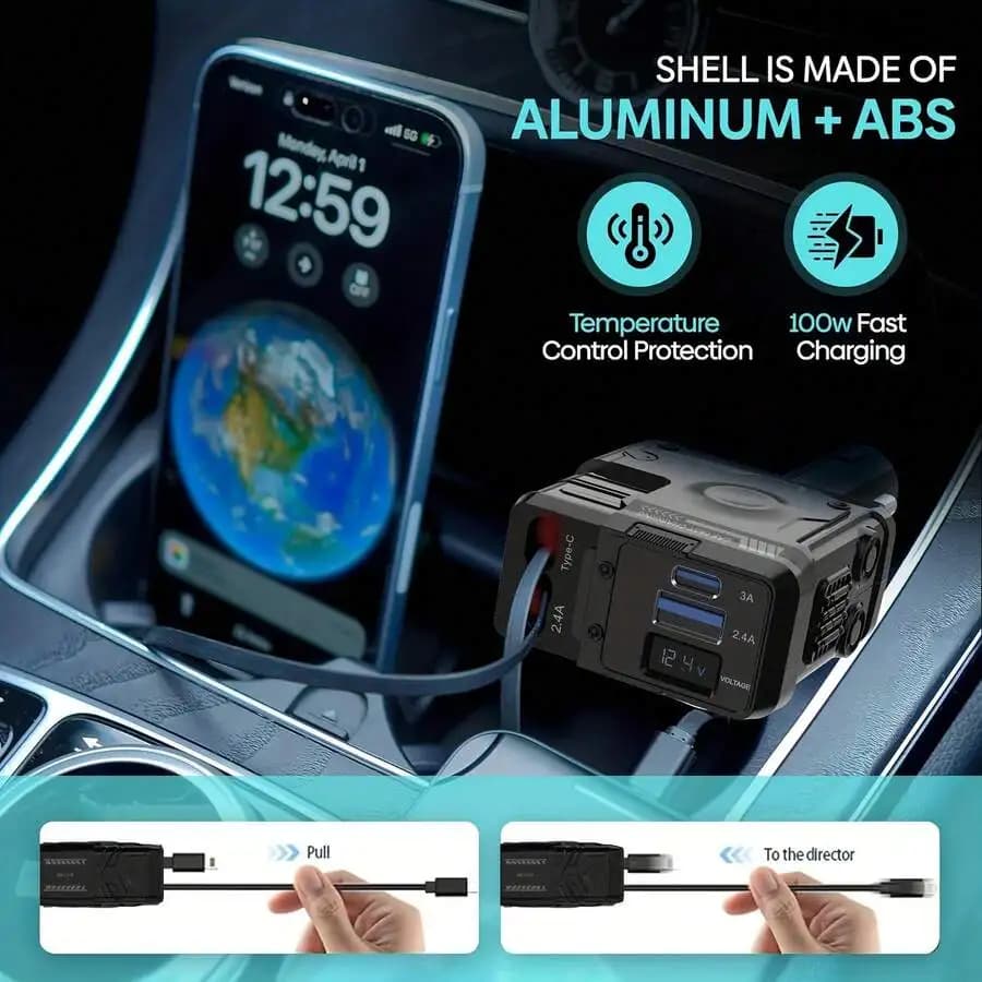 Caricabatterie per Auto 120W a 4 Porte con Guscio in Alluminio+ABS, Cavo Autoripiegabile, Display Digitale della Tensione e Rotazione a 360° ° Supporto Magnetico Per
