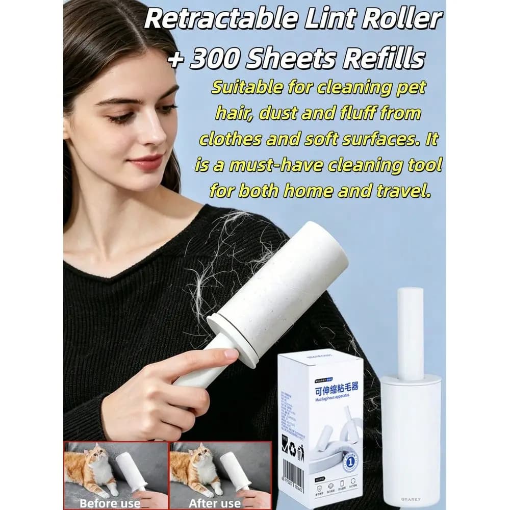 Retractable Lint Roller Set With 300 Extra Sticky Sheets, Portable Pet Hair Remover With Dust Cover, Refillable Lint Remover Fo