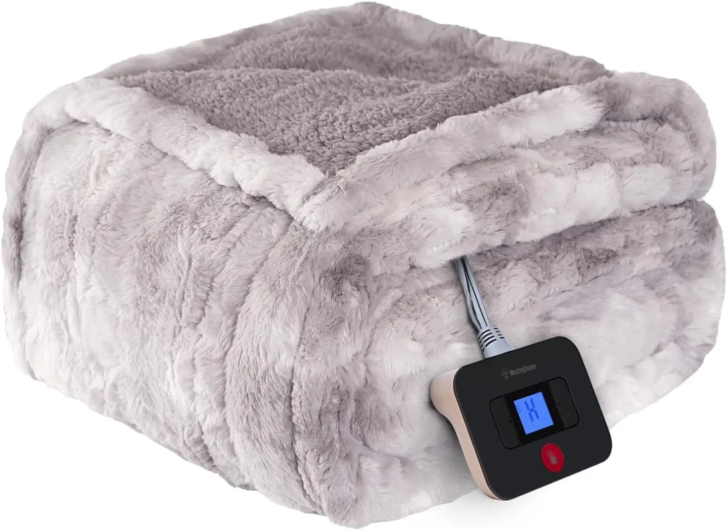 Coperta Riscaldata Singola con 10 Livelli di Calore e Spegnimento Automatico, in Morbida Pelliccia Sintetica e Sherpa, Lavabile (157x213 cm, Grigio Chiaro)