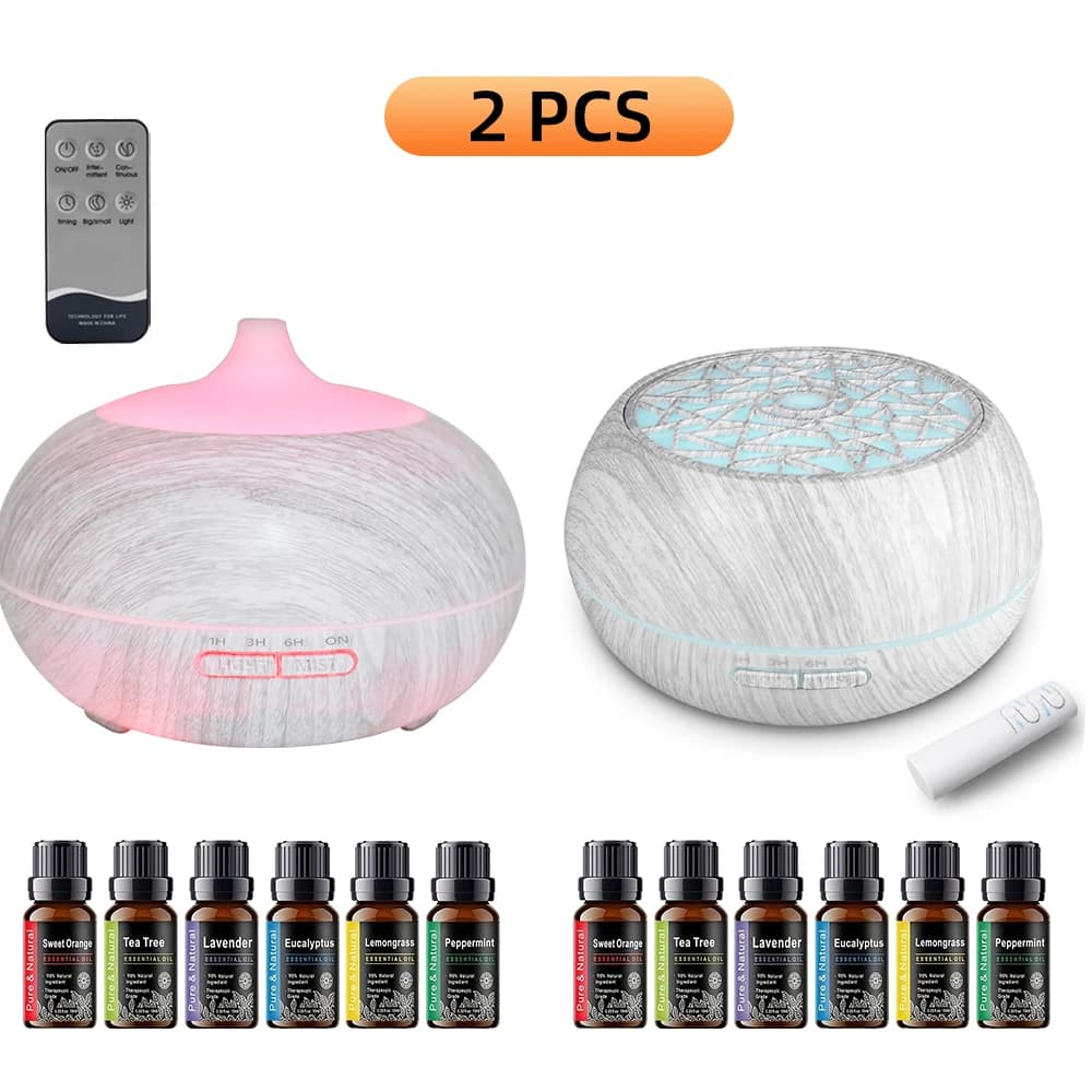 Confezione da 2: Diffusore di Aromi e Umidificatore da 550ml con Telecomando, LED a 7 Colori, Ultra Silenzioso, Include 12 Oli Essenziali