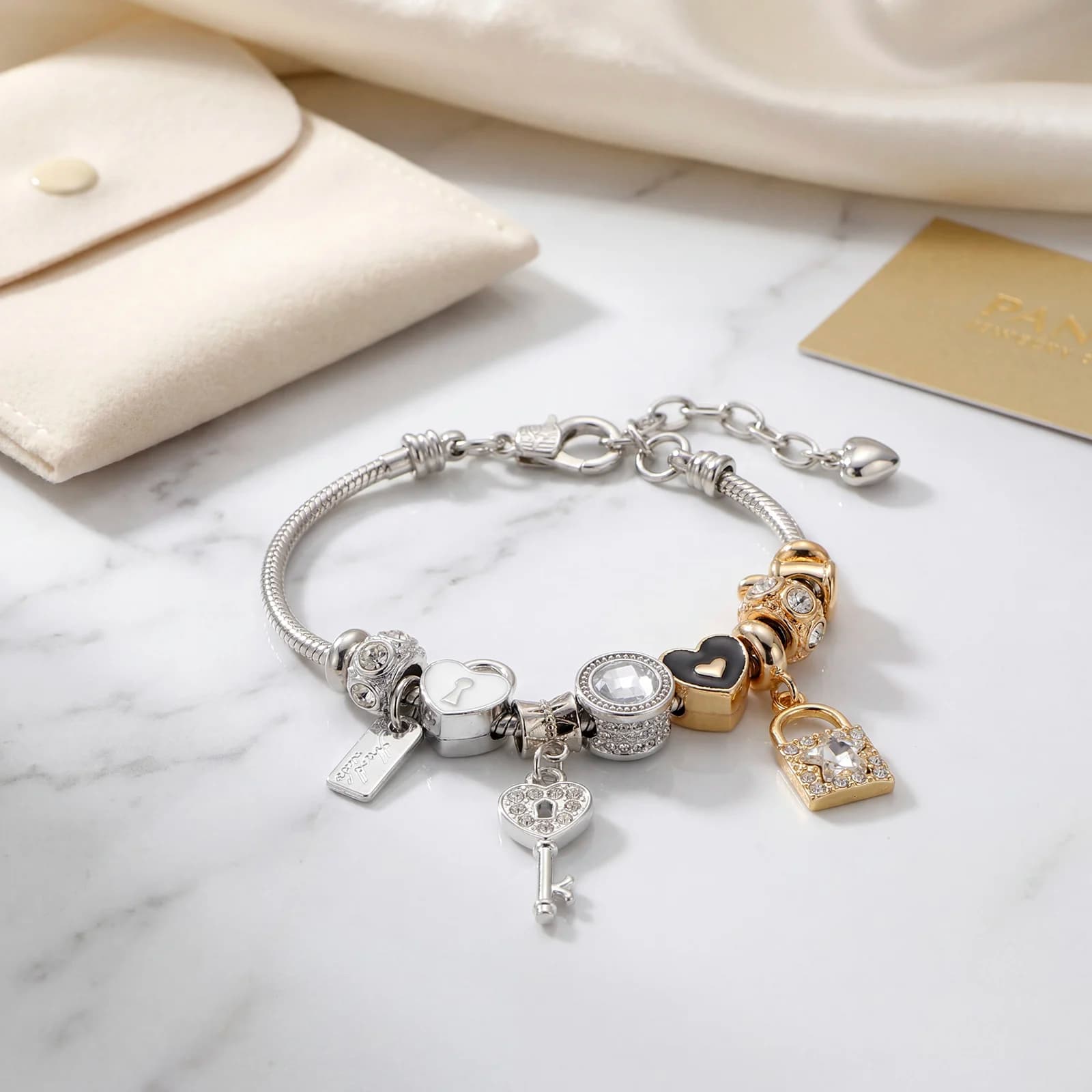 Silvery Adjustable Bracelet with Synthetic Zircon Lock & Key Charms for Women Romantic Jewelry Gift