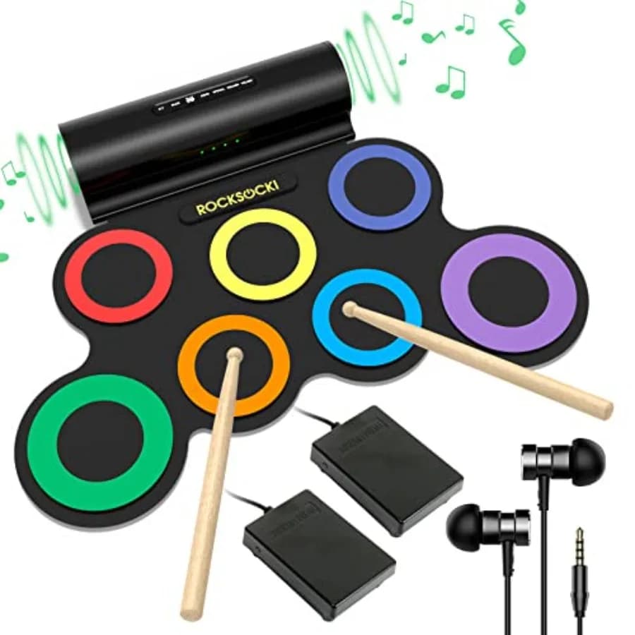 Set di Batteria Elettronica ROCKSOCKI con 7 Pad, Cuffie Incluse, Pad Arrotolabile con Doppi Altoparlanti, Rosso Nero Grigio