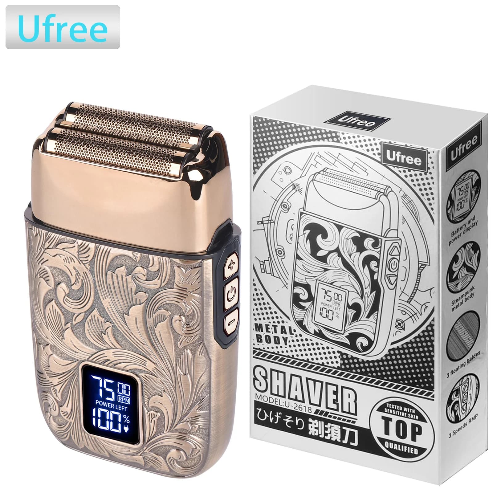 Ufree Close Shaver Electric Lamina Razors for Men, 3 Speed Electric Razor, Calve Head Razors, Face Shaving Barba with LCD