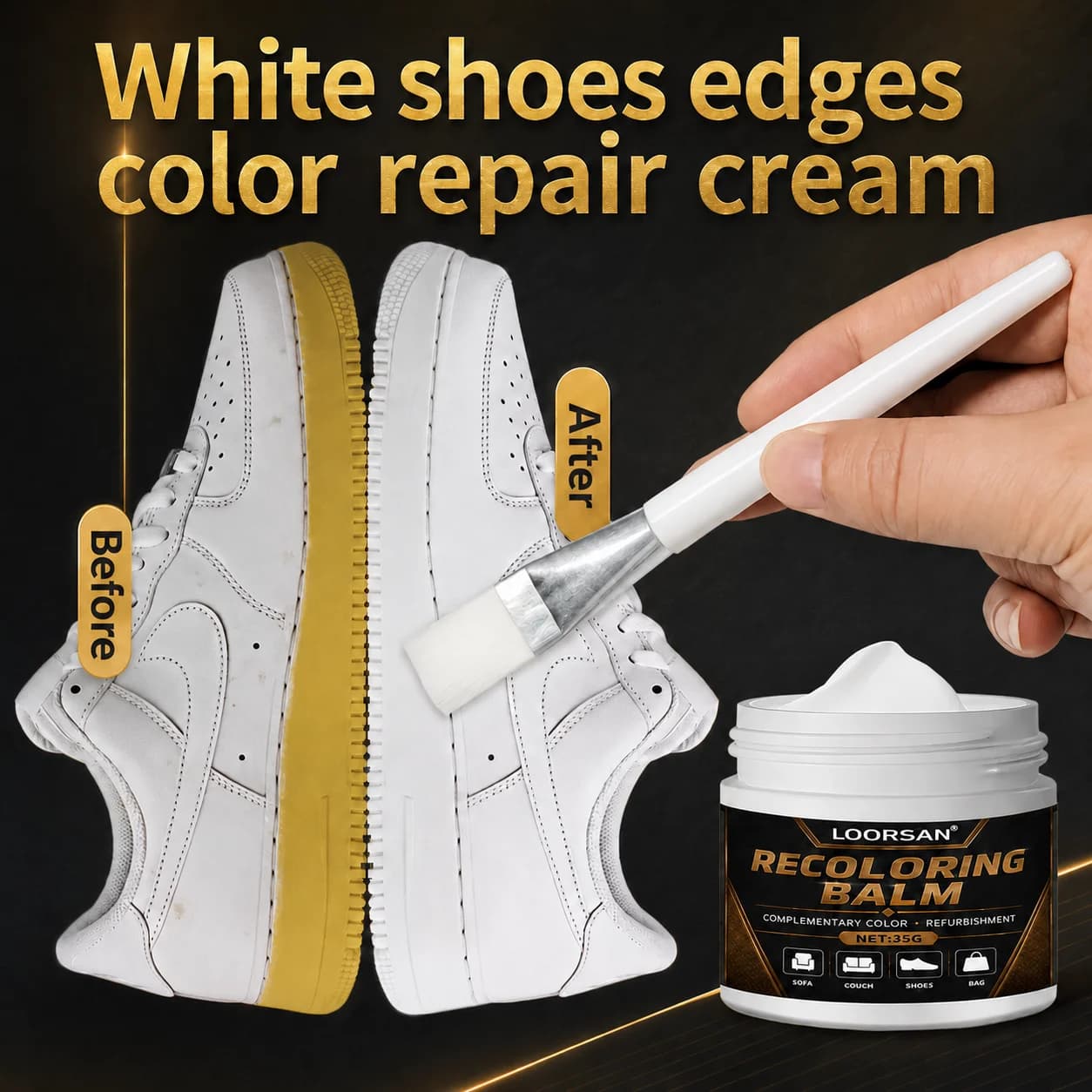 LOORSAN White Leather Sneaker Edge Pigment Touch Up Paste 35g Shoe Yellow Oxidation Scratch Recoloring Repair Balm With Brush