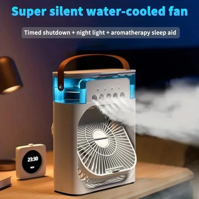 Ventola di raffreddamento portatile estiva Ventola elettrica USB Dispositivo di raffreddamento dell'aria Luce notturna a LED Nebbia d'acqua Divertimento 3 in 1 Umidificatore d'aria per la casa