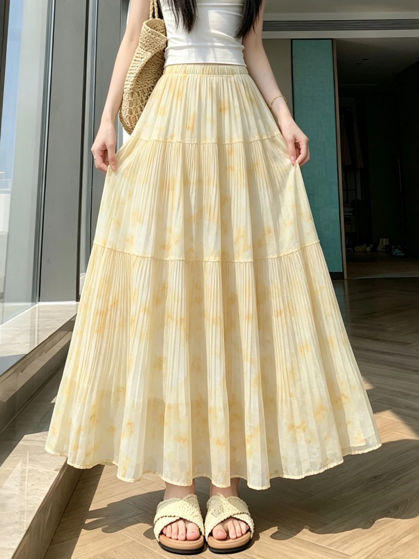 Elegante Gonna Midi a Linea A con Tinta ad Acquerello, Gonna Estiva alla Moda per Donna, Vita Alta in Fibra di Poliestere, Stile Casual