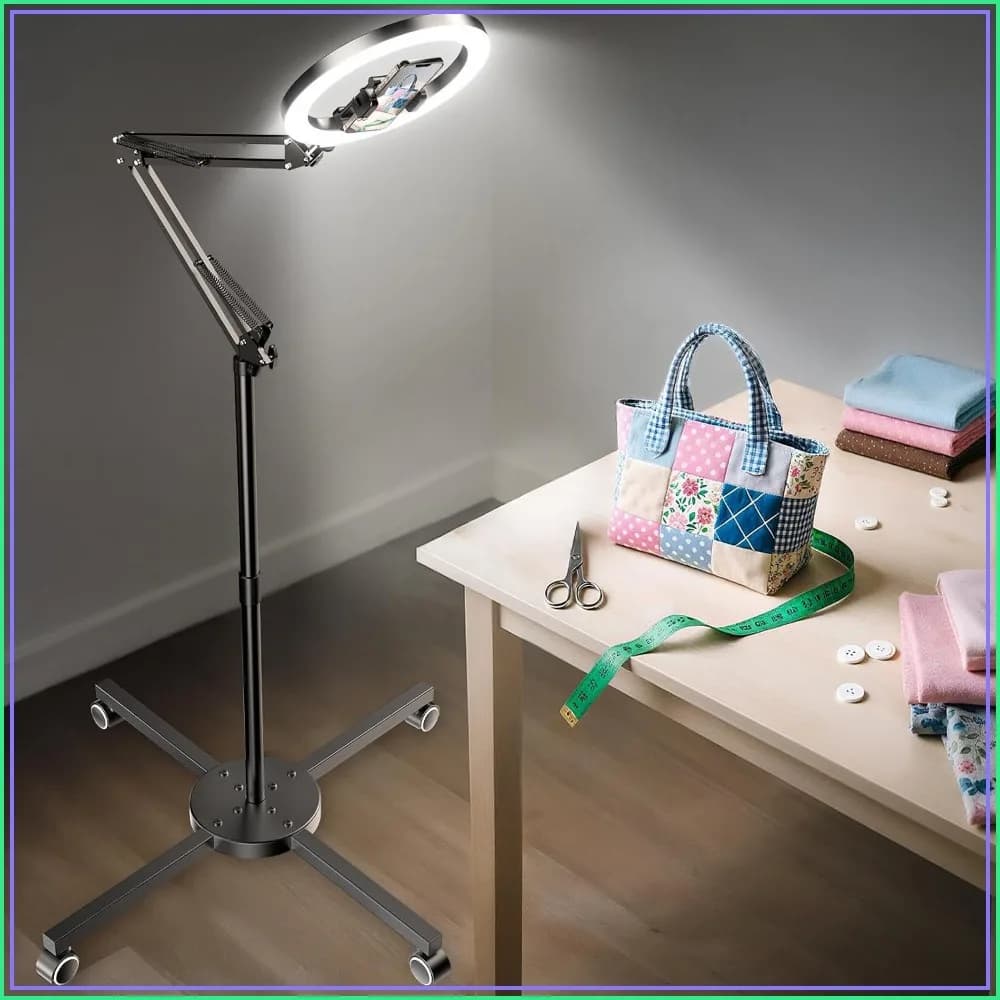 Ring Light with Stand & Lockable Wheels, Tripod for iPhone, Phone Holder for Video Recording, 30 Lighting Combinations for Crafts/Live Streaming