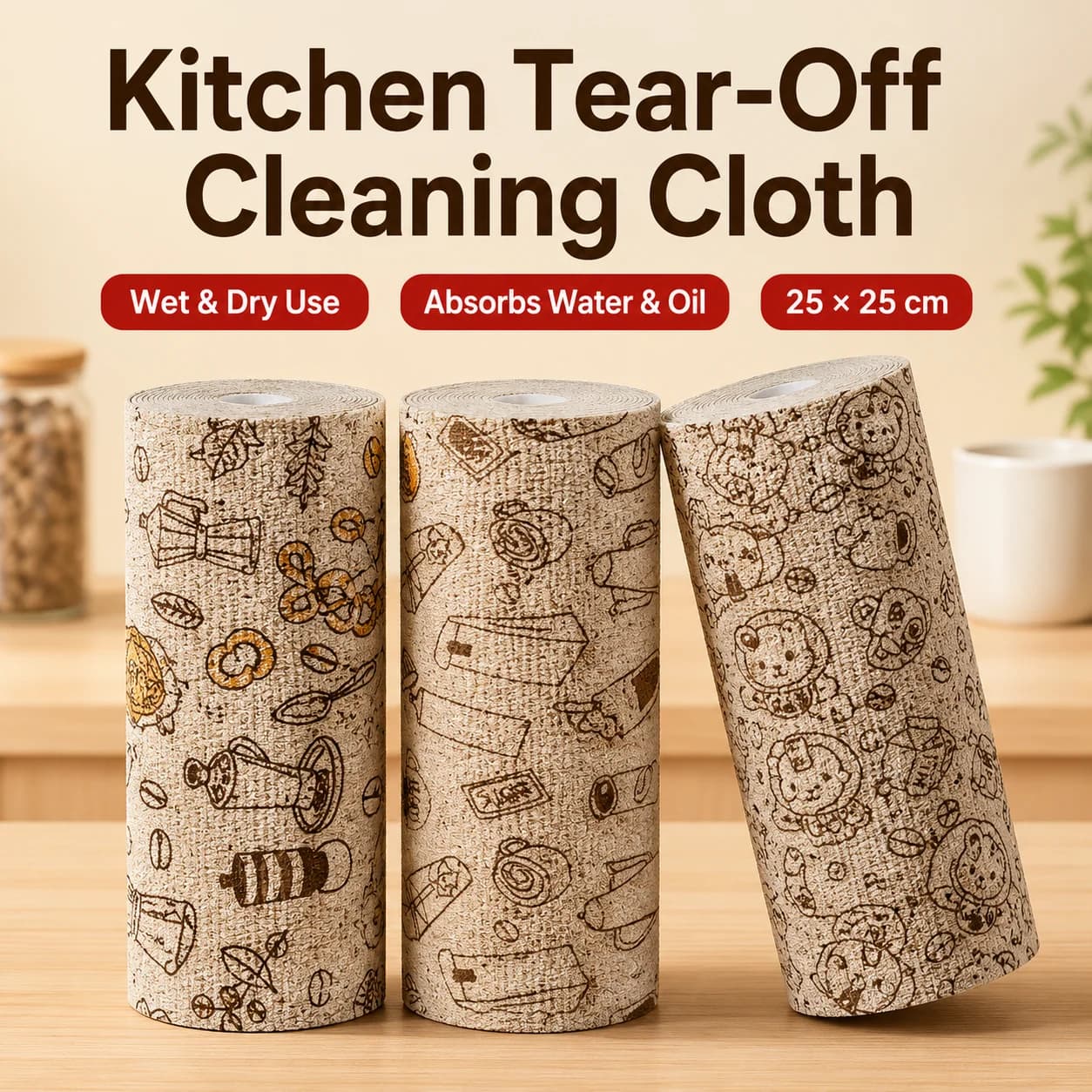 1/2/3 Roll Thick Disposable Kitchen Dish Cloth Roll Oil-Free Absorbent Tear-Off Cleaning Towels 20 Sheets 25x25cm for Home