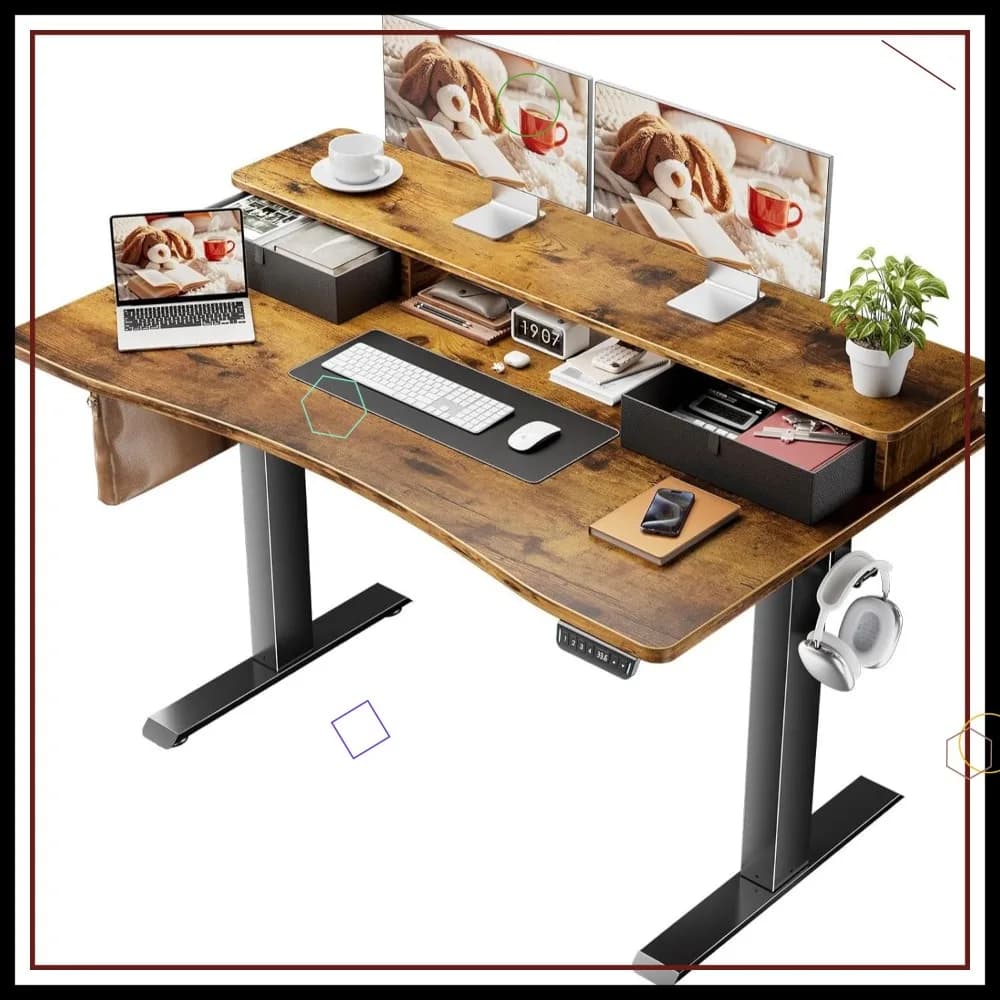 Adjustable Desk in Height with Storage Boxes and Monitor shelf, Home Office Desk, Study and Workplace in Brown