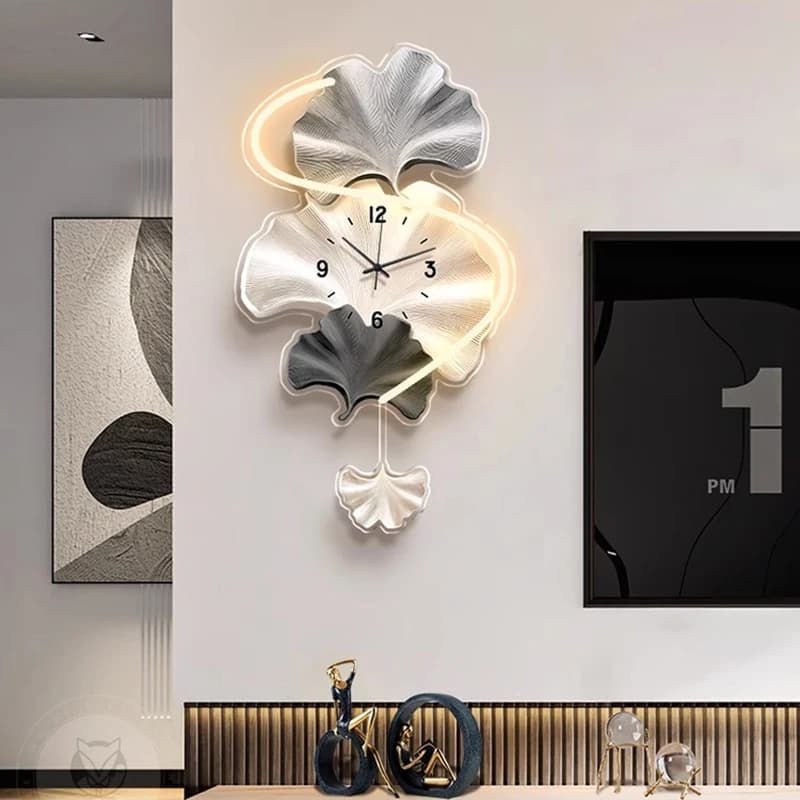 Premium Ginkgo Leaf Wall Clock With LED Light Luxury Swing Clock For Living Room Silent Modern Wall Decor