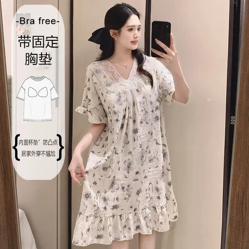 Camicia da Notte Floreale Plus Size con Reggiseno Integrato, Pigiama Estivo Coreano da Donna Sottile e Morbido con Pizzo a Maniche Corte
