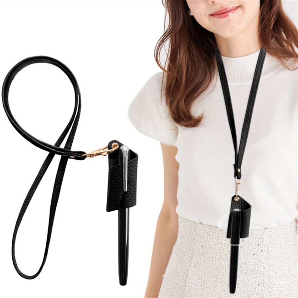 Clip per occhiali modellante asimmetrica creativa da appendere al collo Clip per penna multifunzionale Custodia per penna portatile in pelle PU Cordino per occhiali