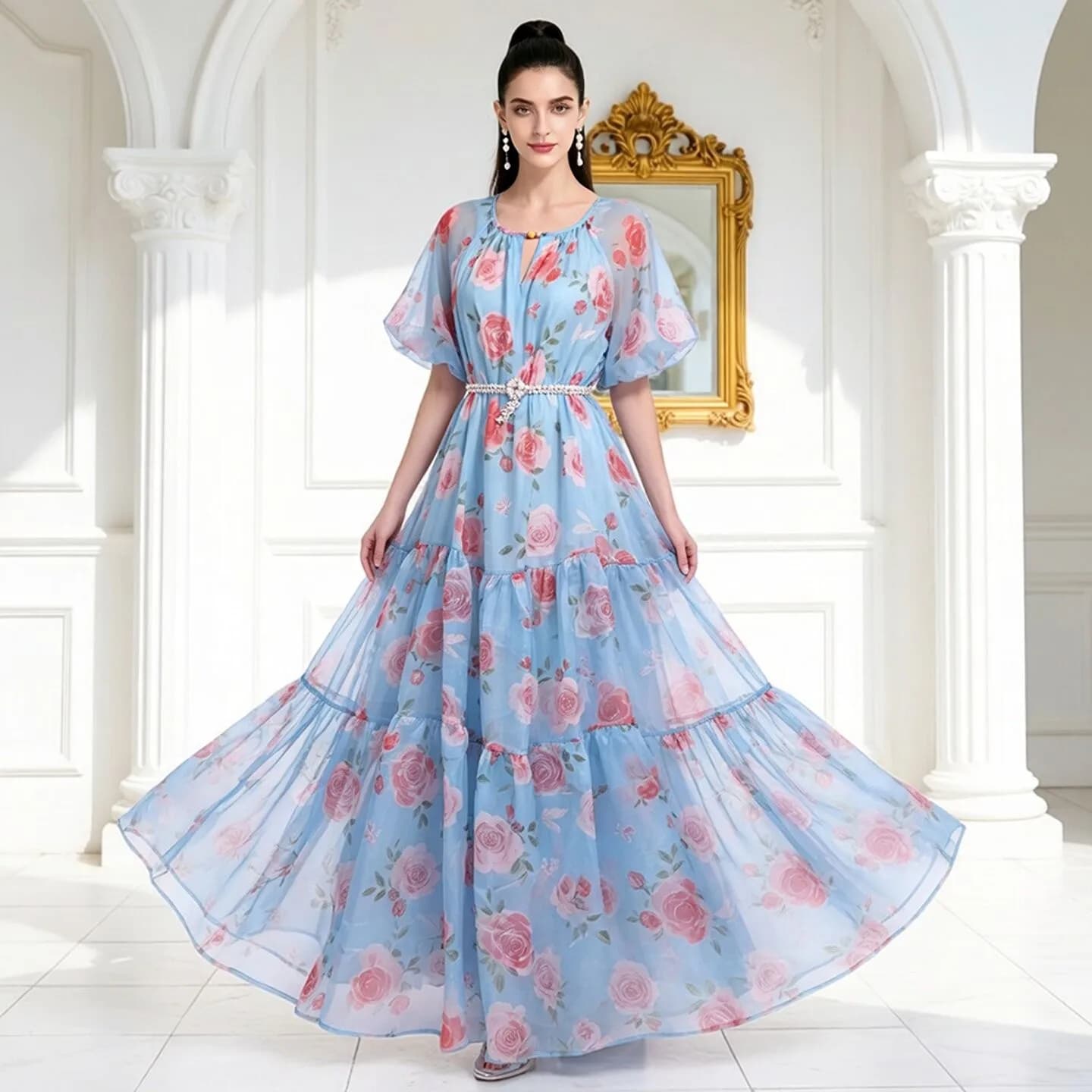 Elegante Abito Lungo in Chiffon Fluido da Donna, per Vacanze e Spiaggia, con Vita Stretta, Morbido e Drappeggiato, Estivo a Maniche Corte