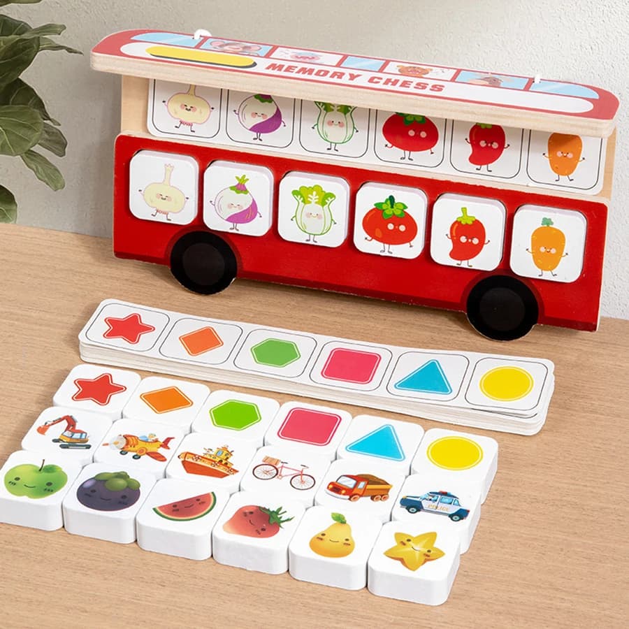 Gioco di Memoria Baby Bus, Gioco di Abbinamento Montessori, Giocattoli per l'Apprendimento delle Forme e delle Frutta, Allenamento della Memoria, Pensiero Logico, Regalo Educativo