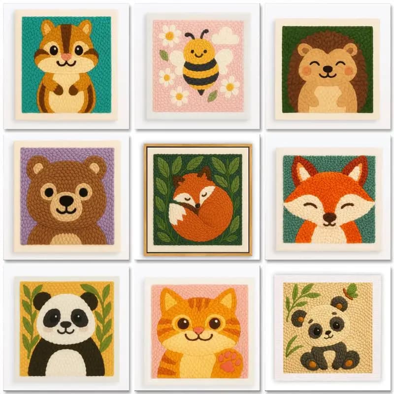 25x25cm Punch Needle Embroidery for Beginner Cute Cartoon Animal Diy Craft Sewing Embroidery Set Festival Gift and Decoration