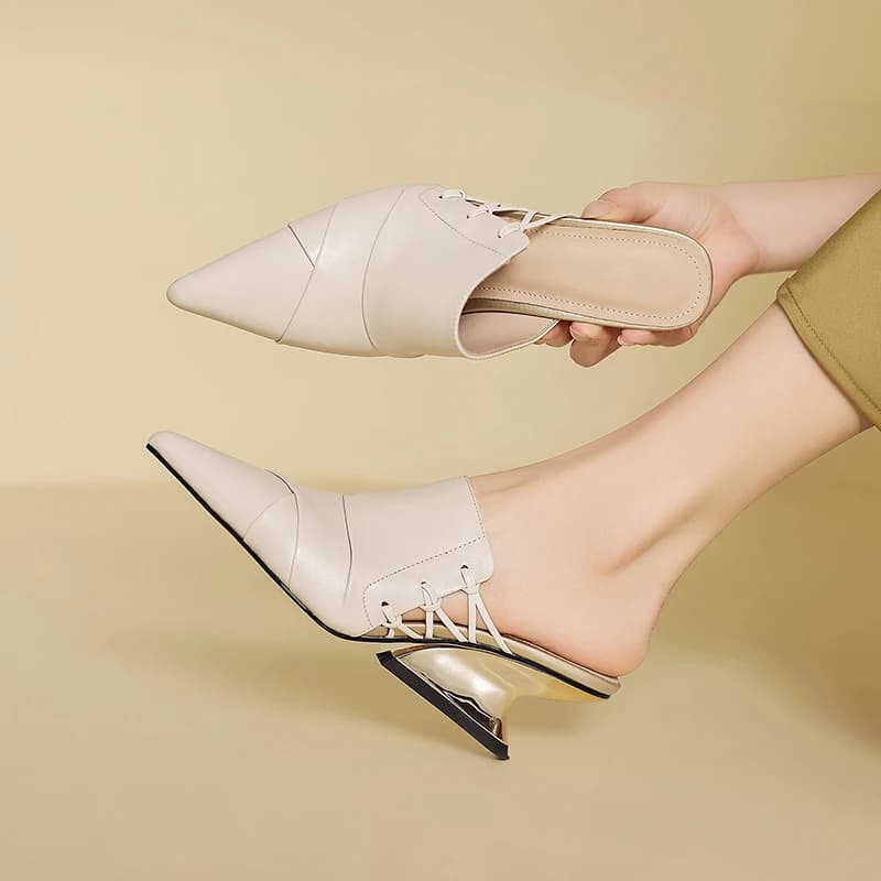 2026 summer women sandals natural leather 22-25cm cowhide+sheepskin pleated pointed toe mules high heel women slippers fashion