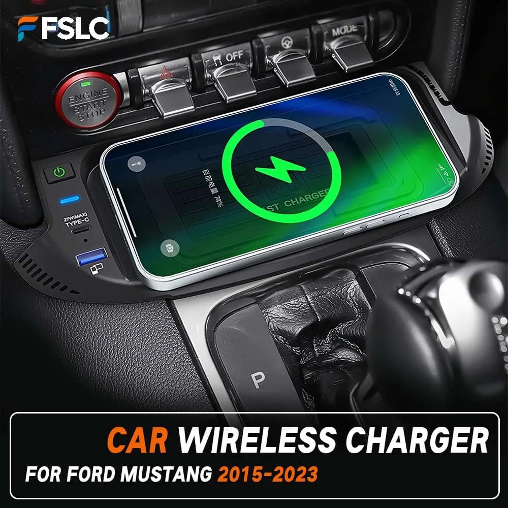⭐ Autentico ⭐ Caricatore Wireless per Auto, Base di Ricarica, Supporto di Ricarica per Ford Mustang 2015-2023, Caricatore Rapido 15W per Telefono, Decorazione Auto