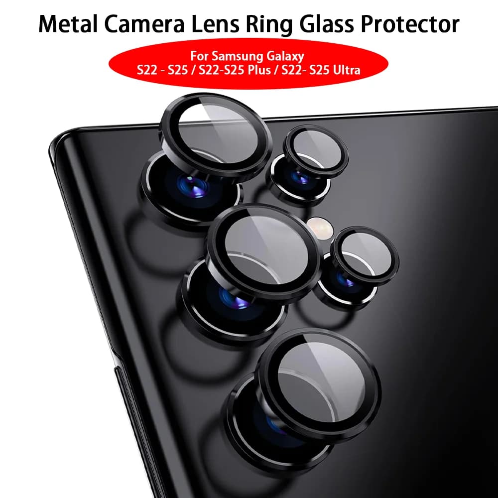 Custodia in vetro con anello per obiettivo in metallo per fotocamera per Samsung Galaxy S22 S23 Ultra S24 Plus S25 Ultra Protezione per schermo per obiettivo fotocamera Copriobiettivo