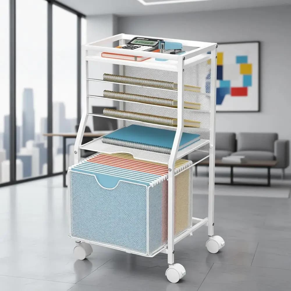 Organizzatore da Scrivania a 6 Ripiani con Ruote Bloccabili, in Legno Bianco e Rete, Ideale per Ufficio, Casa o Scuola