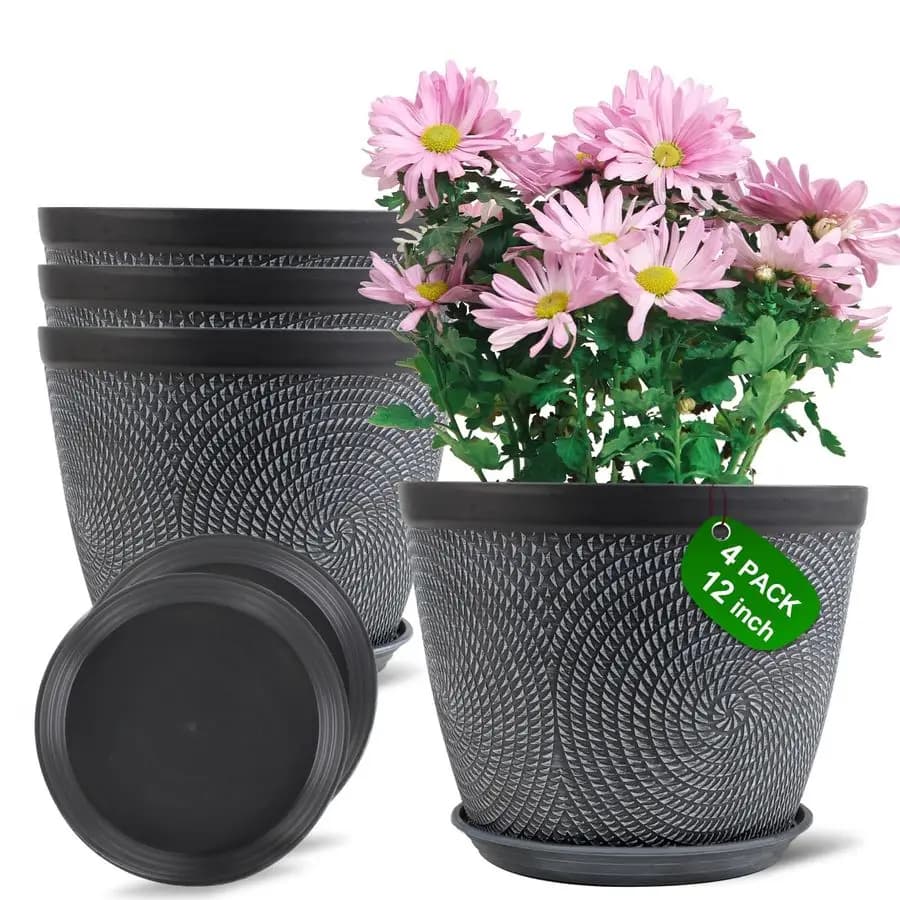 Vaso per piante grande da 12 pollici per esterni e interni, confezione da 4 vasi in plastica con foro di drenaggio e sottovaso, moderno e decorativo.