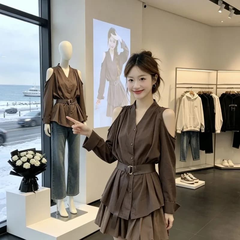 Camicia elegante a maniche lunghe con spalle scoperte e cintura in vita, che nasconde le imperfezioni, top unico snellente in stile coreano per l'autunno