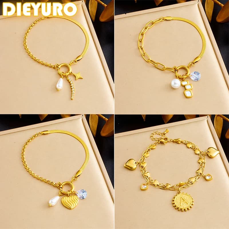 DIEYURO 316L Stainless Steell Heart Pearl Zircon Concise Snake Bones Bracelet For Women Fashion Trend Hand Chain Jewelry Gift