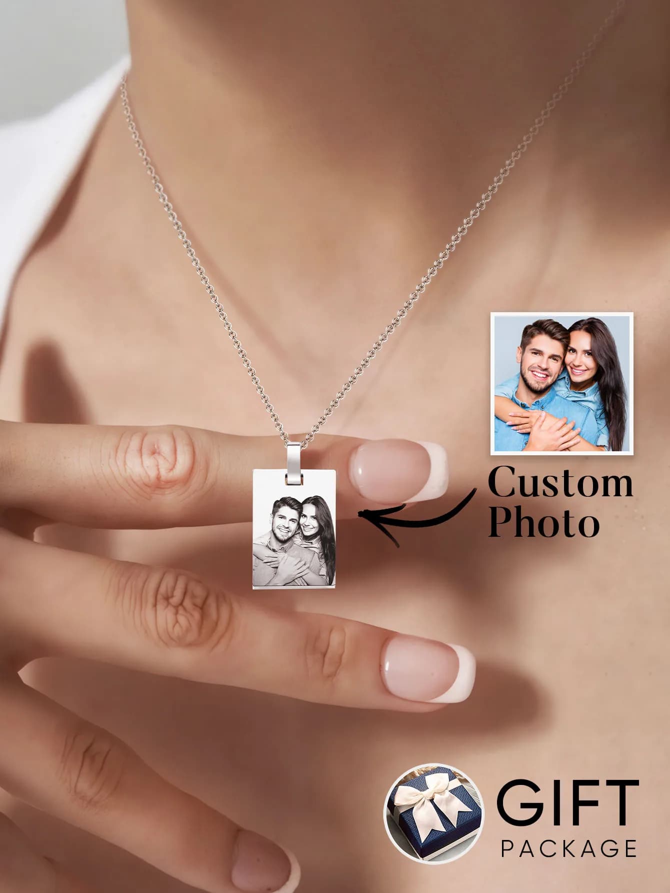 Collana con Foto Personalizzata, Ciondolo con Immagine Incisa al Laser in Acciaio Inossidabile, Disponibile in Argento, Oro e Oro Rosa