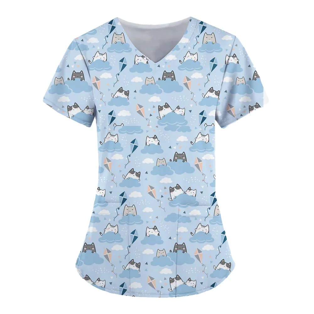 T-shirt da donna Uniforme da lavoro con scollo a V per le donne Simpatico dinosauro Stampa 3D Top Simpatico animale Infermiera Uniforme Camicetta Tasca Abbigliamento da lavoro