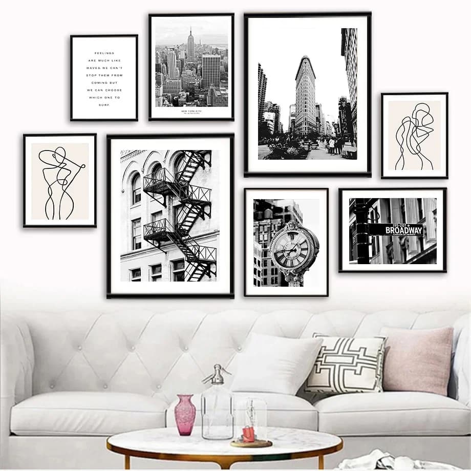 Black Photo Frame with New York Eiffel Tower Canvas Painting 6” 7“ 8” Wood Frame City Line Fugure Wall Art Picture Poster Frame
