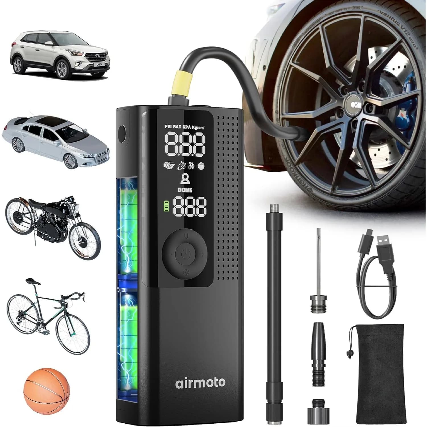 Compressore d'Aria Portatile con Manometro Digitale, Spegnimento Automatico, Luce LED per Auto, Moto, Bicicletta