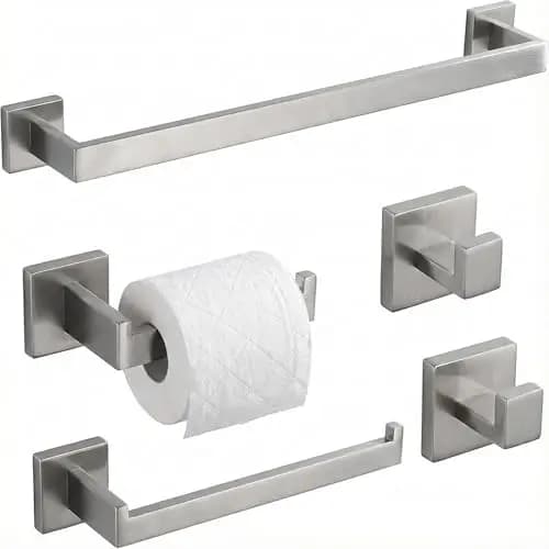 5-Piece Modern Square Brushed Nickel Bathroom Accessories Set: 16-Inch Towel Bar, Toilet Paper Holder, And Robe Hooks In SUS304