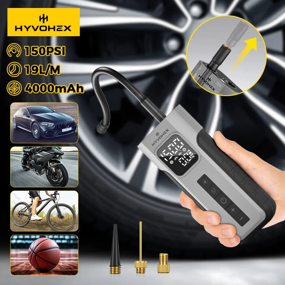 HYVOHEX C2 Compressore d'aria per auto wireless Ciclo di lavoro al 100% 4000mAh Pompa di gonfiaggio per pneumatici con luce a LED per auto Moto Palle