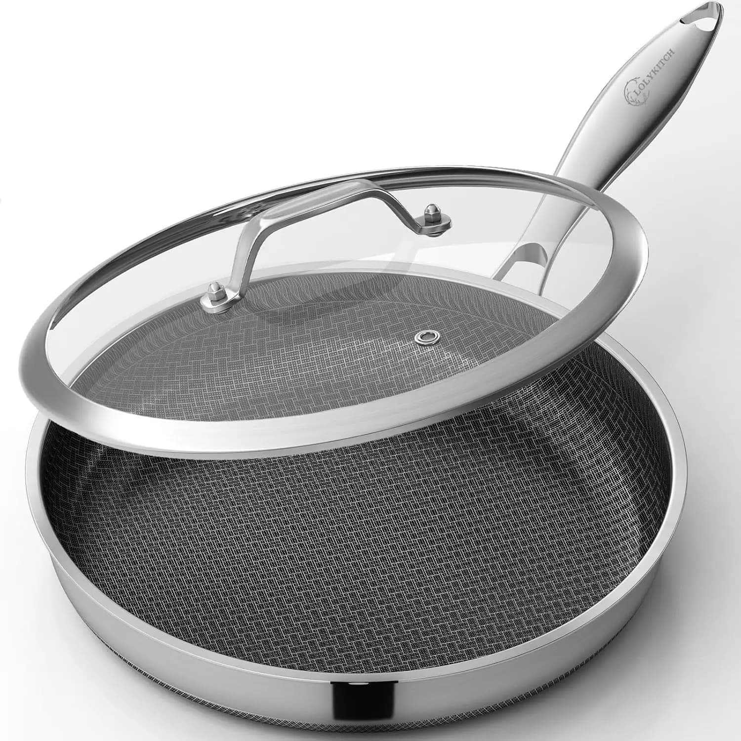 Padella Antiaderente da 12 Pollici con Coperchio, Rivestimento in Ceramica, Acciaio Inossidabile Tri-Ply, Compatibile con l'Induzione, Adatta al Forno