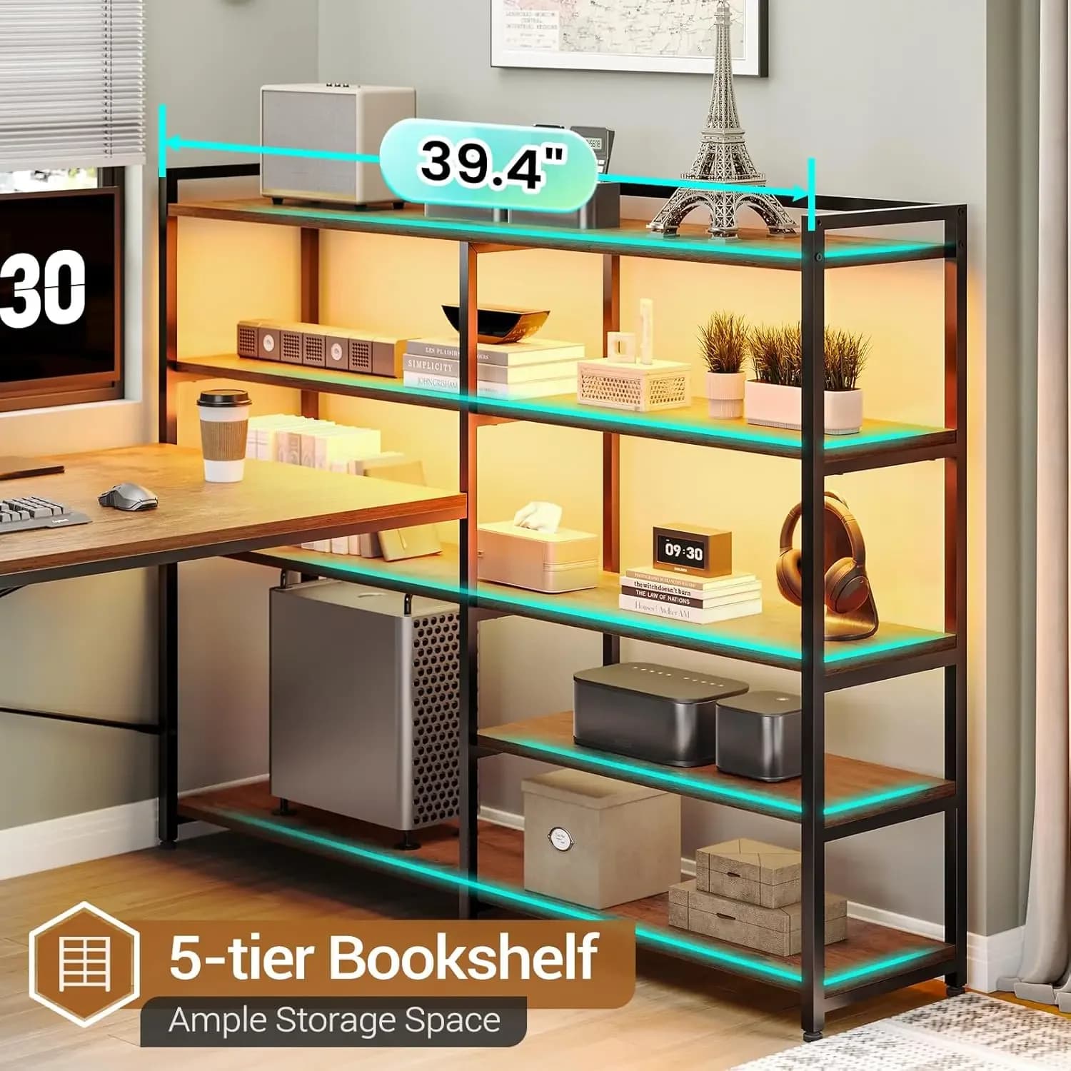 Scrivania a L con Scaffali Portaoggetti, Scrivania da Ufficio a U Reversibile da 64,5'' con 3 Cassetti in Tessuto, Scrivania da Gaming con Presa di Corrente