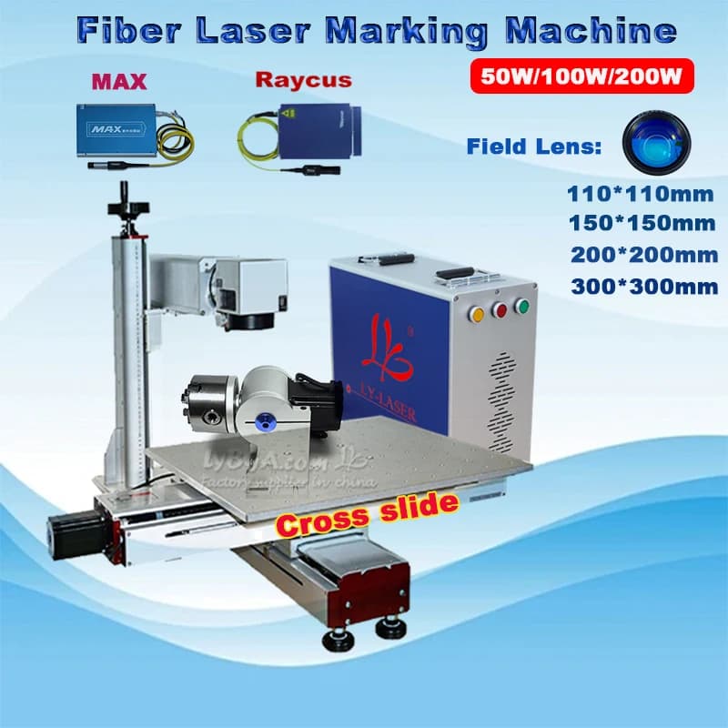 LY New Laser Marking Machine MAX Raycus 50W 100W 200W with Sliding Track and Rotating Axis Jewelry engraving metal cold air