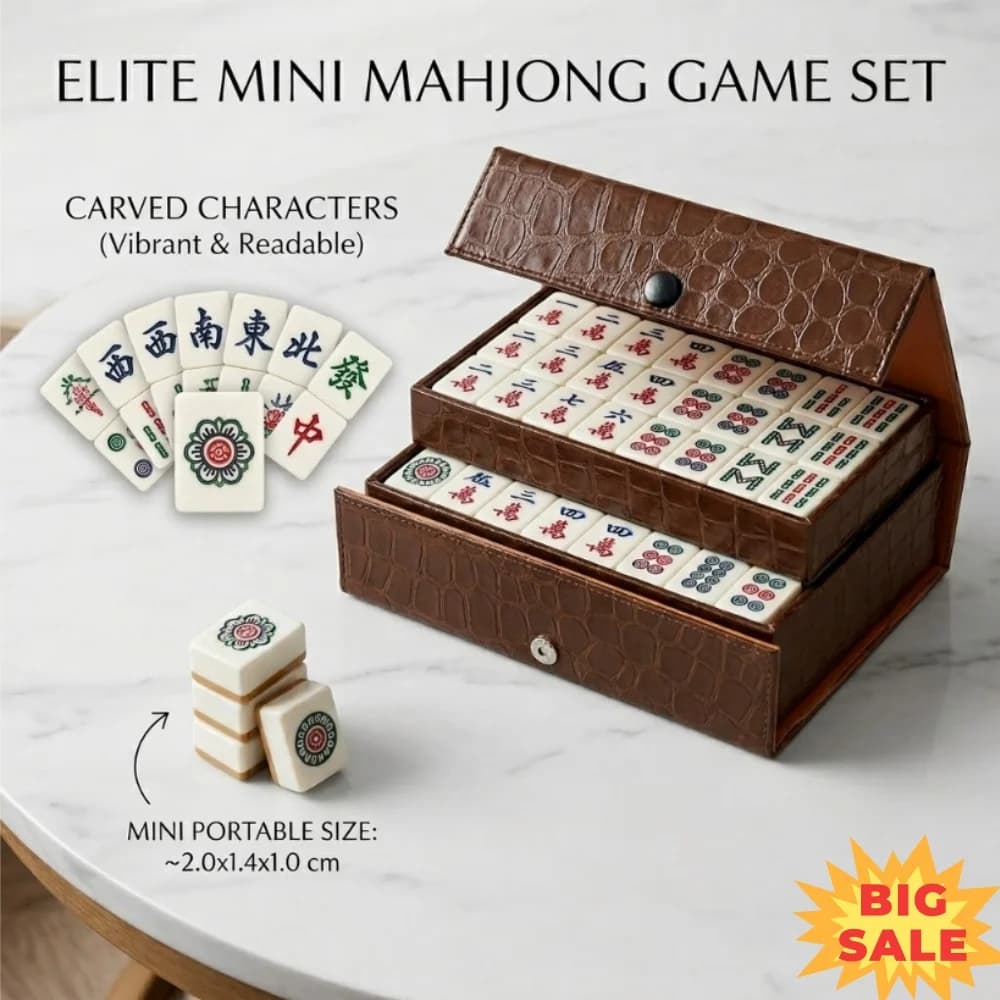 Mini Mahjong Set 144 Tiles Portable Chinese Traditional Board Game Travel Mahjong Set with Pattern Leather Case for Family Party
