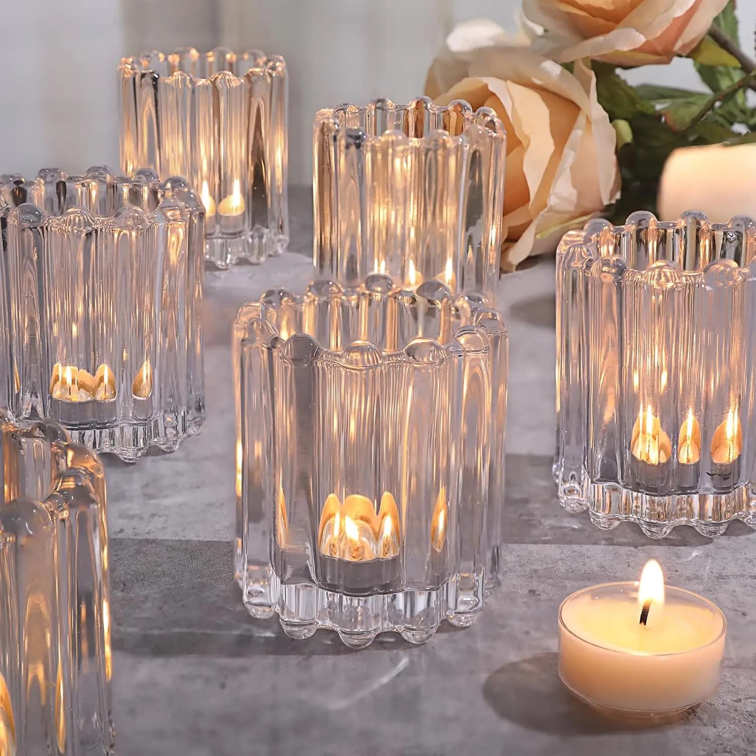 Set of 6 Transparent Scandal Glass Candle Holder for Wedding Centerpieces and Dinner Table Decorations