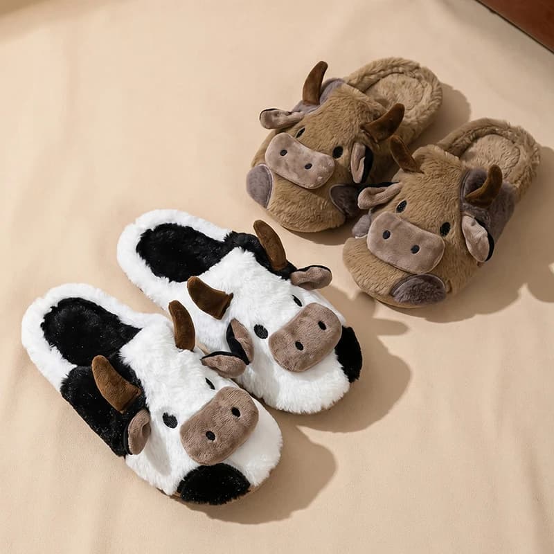 Cute Cartoon Cows Cotton Slippers Women ComfySoft Sole Warm Plush Slides Shoes Woman Winter Couple's Indoor Non-slip Slippers