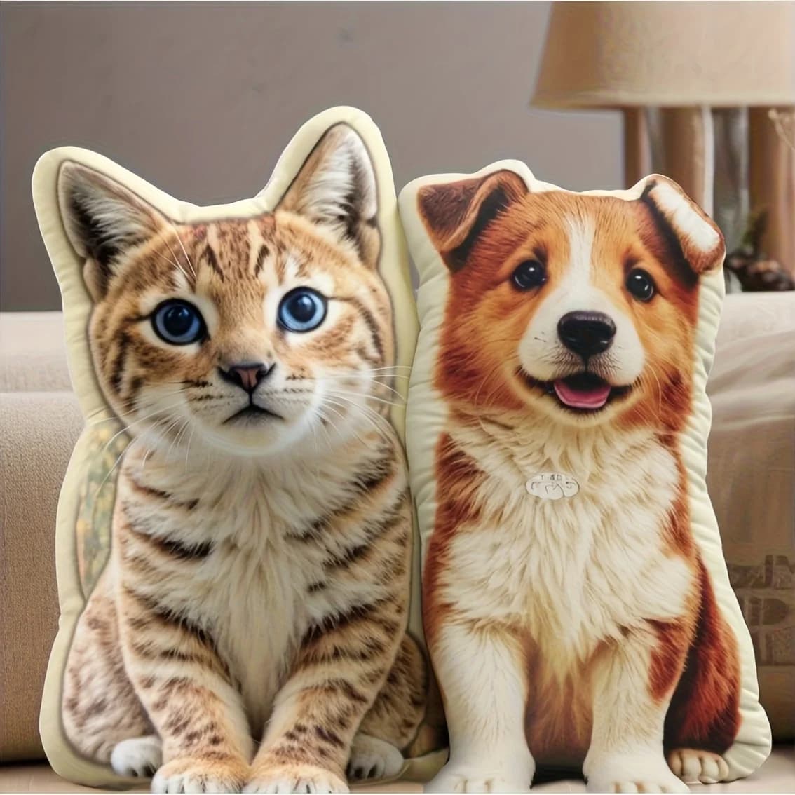 Cuscino personalizzato bifacciale a forma di foto di animali domestici con stampa 3D di immagini di gatti, cani e conigli, decorato con immagini di animali.