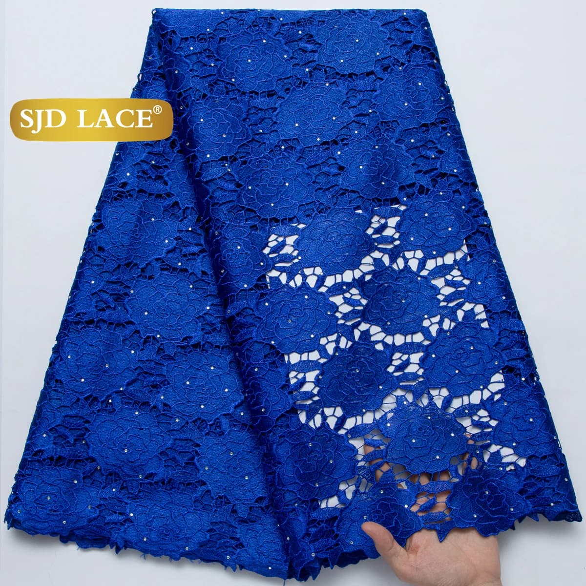 SJD LACE Blu Navy Tessuto di pizzo cavo nigeriano 5 metri 2026 Ultime pietre africane Solubile in acqua pizzo per le donne Vestito da festa Cucire 4684