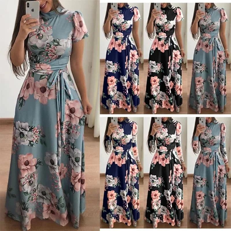 Autumn 2023 European And American Style Floral Print Short Sleeve Women's Dress H-Line A-Line Skirt Three-Vein Fiber 100% Cas...