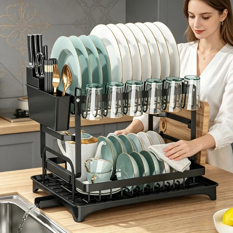 Scolapiatti da cucina a 2 livelli, multifunzionale con scomparti portaoggetti per bacchette, coltelli, forchette e cucchiai