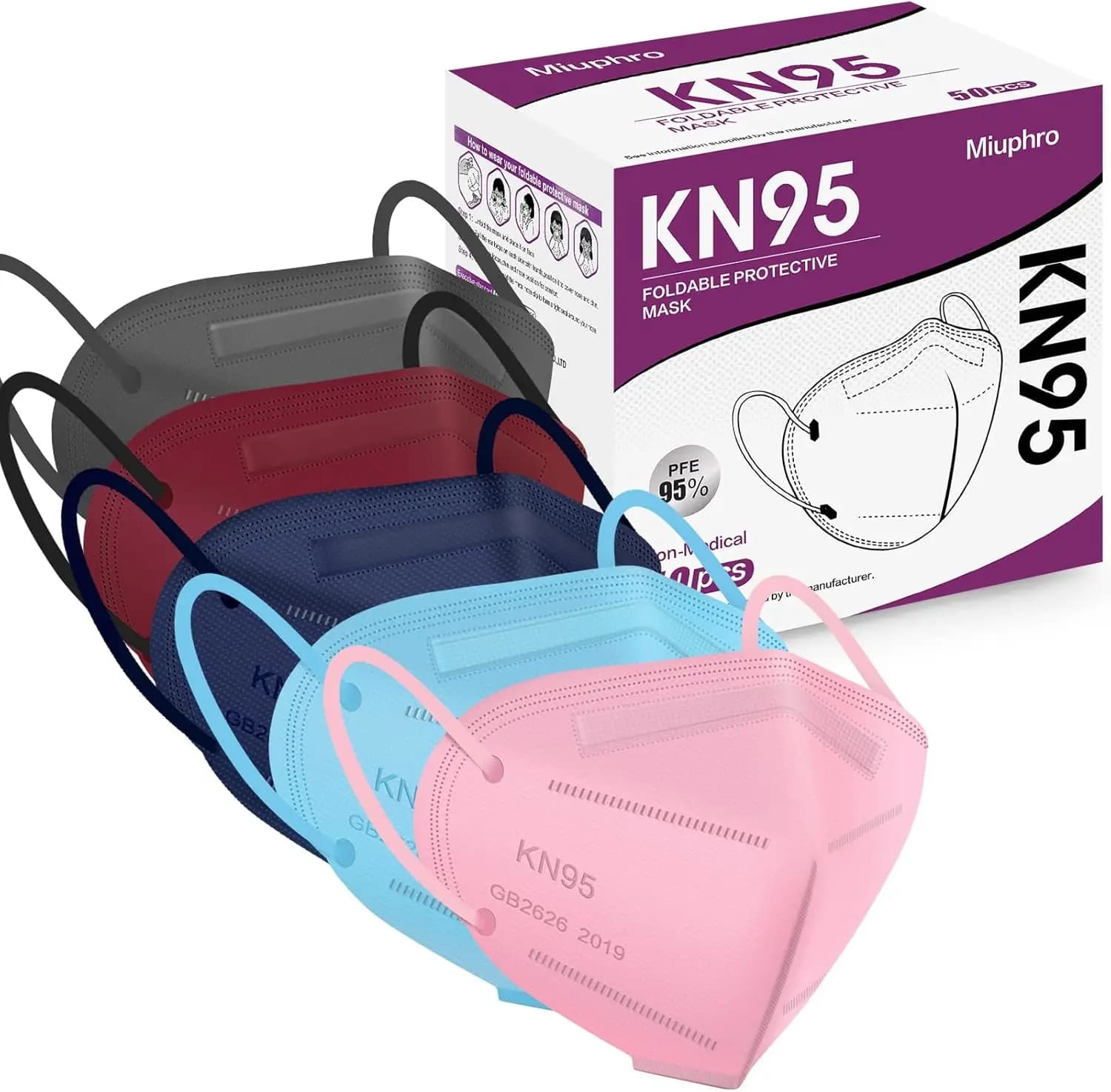 50 KN95 Masks, 5 Road Disposable Breather in Rose, Blue, Red, Purple and Grey for Open Security