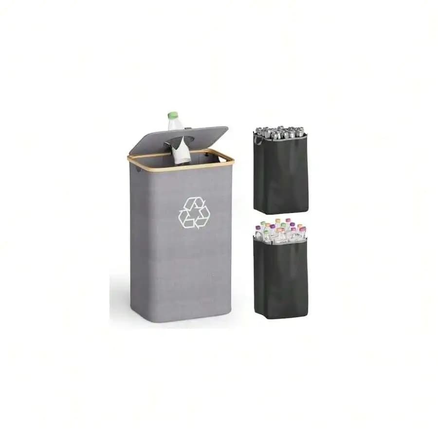 Recycling Bin With Lid And 2 Reusable Inner Bags 100L For Kitchen Bottle Can Glass Plastic