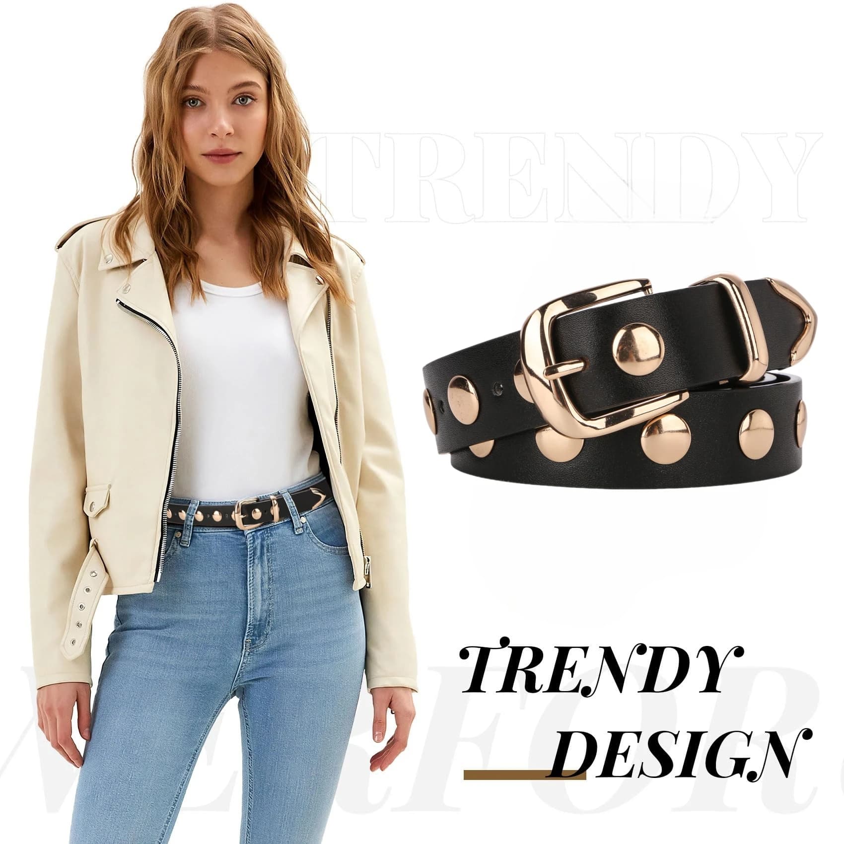 Cintura da donna in pelle moda con borchie Cinture nere punk per jeans Cintura da donna con cintura in vita regolabile con fibbia dorata