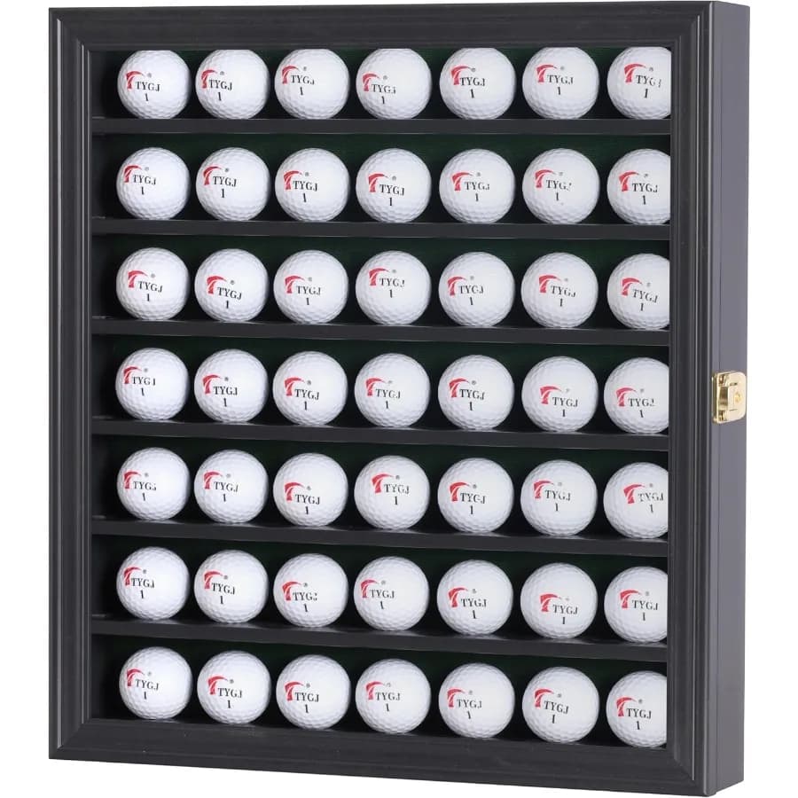 Espositore da Parete per Palline da Golf con 7 Ripiani, Vetrina con Porta Chiudibile a Chiave, Finitura Nera, Contiene 49 Palline
